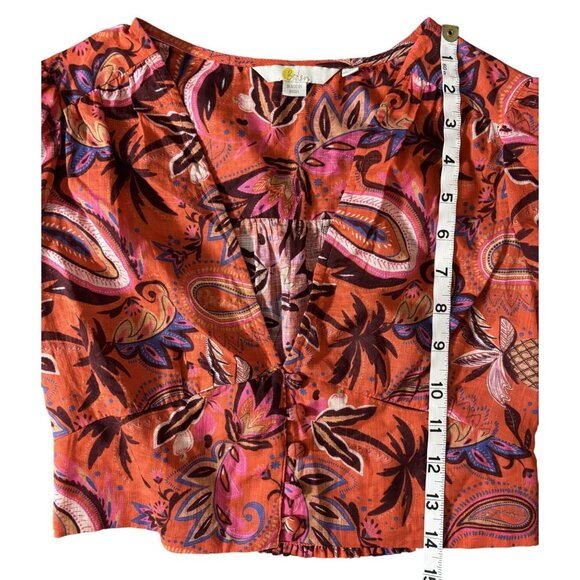 Womens SZ 4 Bohemian Long Sleeve Cropped Blouse Button Front & Elastic Back - Picture 6 of 9